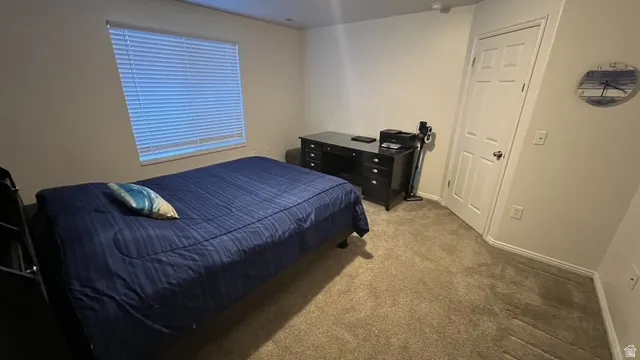 Carpeted room featuring a window with blinds, white trim, a solid core door, and neutral wall paint