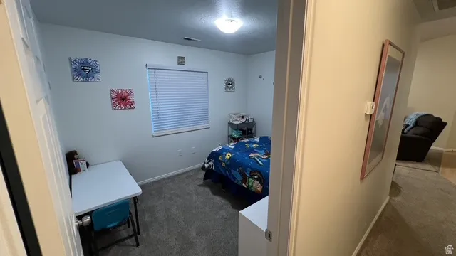 Carpeted room featuring a window with blinds, light-toned walls, and a ceiling-mounted light fixture