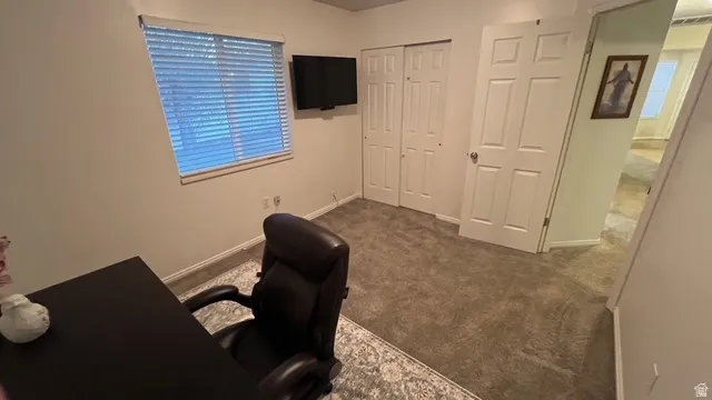 Carpeted interior space featuring a window with horizontal blinds, white baseboards, a single bi-fold closet door, and a six-panel door