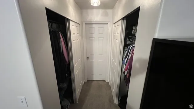 Hallway featuring neutral wall paint, overhead lighting, carpet flooring, a paneled door with a spherical knob, and two sliding closet doors