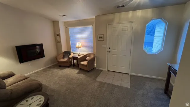 Carpeted living area featuring a front entry door with a tile landing, a rectangular window with horizontal blinds, and a unique octagonal accent window