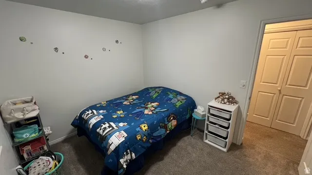 Carpeted room featuring light gray walls, white baseboards, and a bi-fold closet door