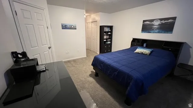 Bedroom featuring light neutral wall paint, carpet flooring, and a white paneled door