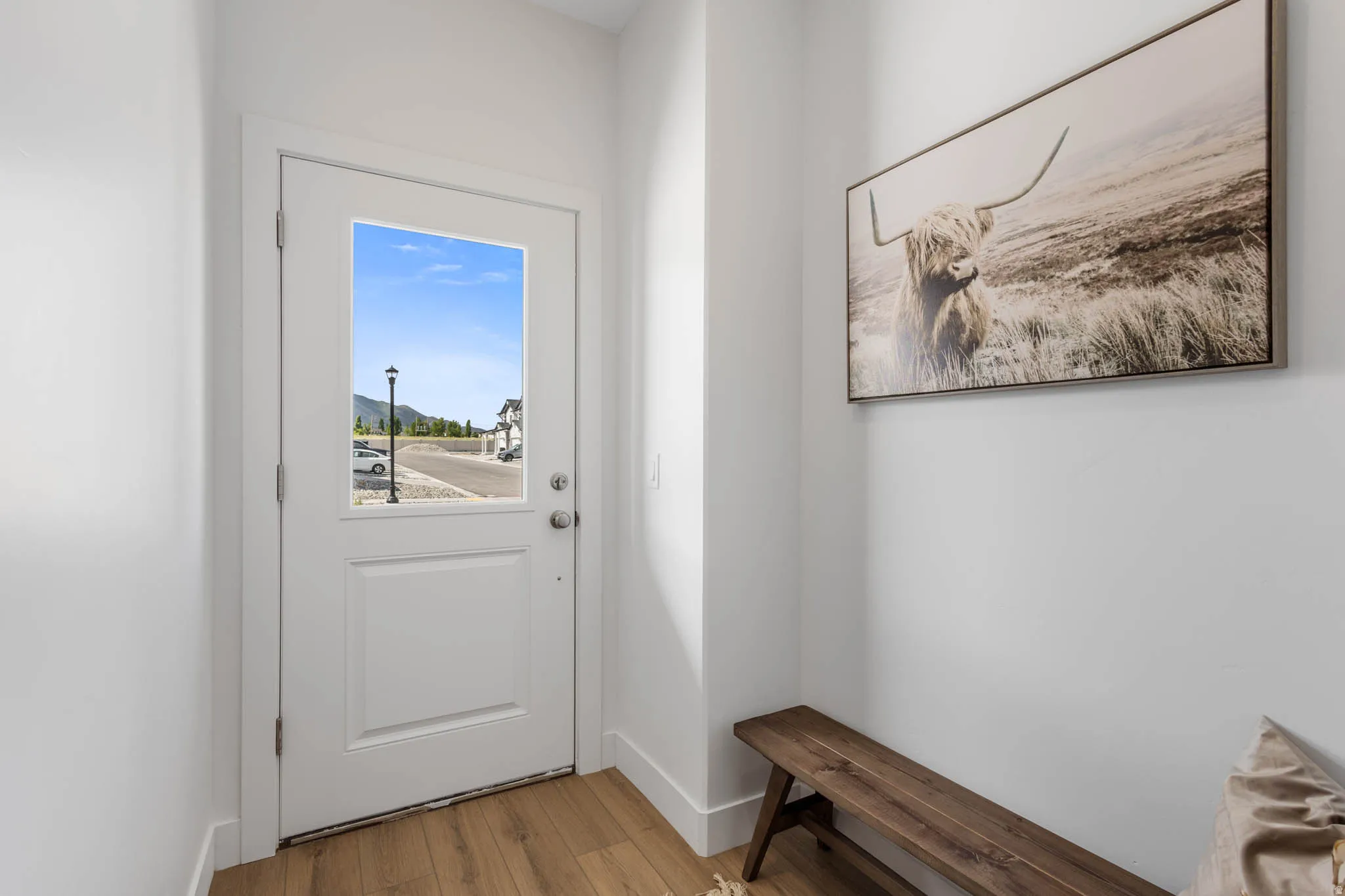 Entryway featuring a white door with upper glass panel, wood-finish flooring, and white baseboards
