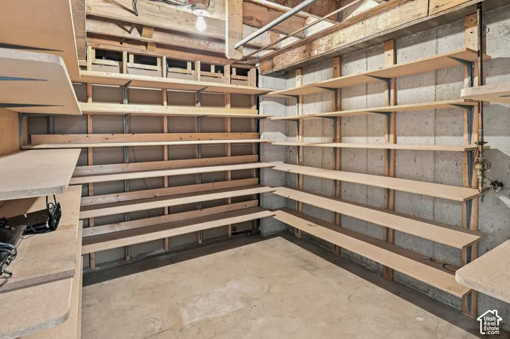 Downstairs storage room with plenty of shelves