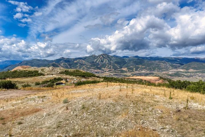 Expansive mountain landscape with distant ski slopes and natural vegetation