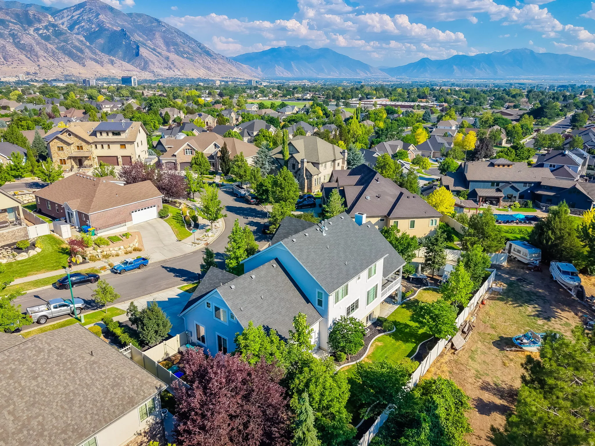 Aerial perspective showcasing a residential neighborhood with varied architectural styles