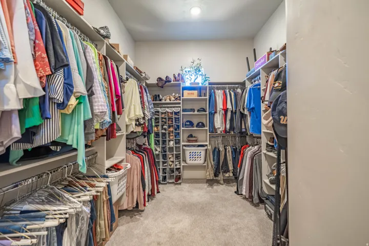 Spacious walk-in closet featuring extensive built-in shelving, multiple hanging rods, dedicated shoe storage, a built-in light fixture, and light-toned carpeting