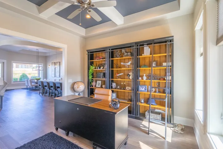 Tray ceiling with a dark accent panel and recessed lighting