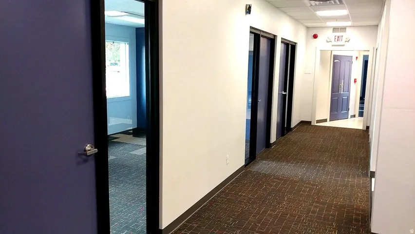 Hallway featuring patterned carpet flooring, white walls, and multiple purple doors with black trim