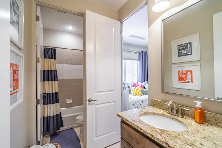 Bathroom featuring a granite countertop vanity with an undermount sink, brushed nickel faucet, and a large wall-mounted mirror