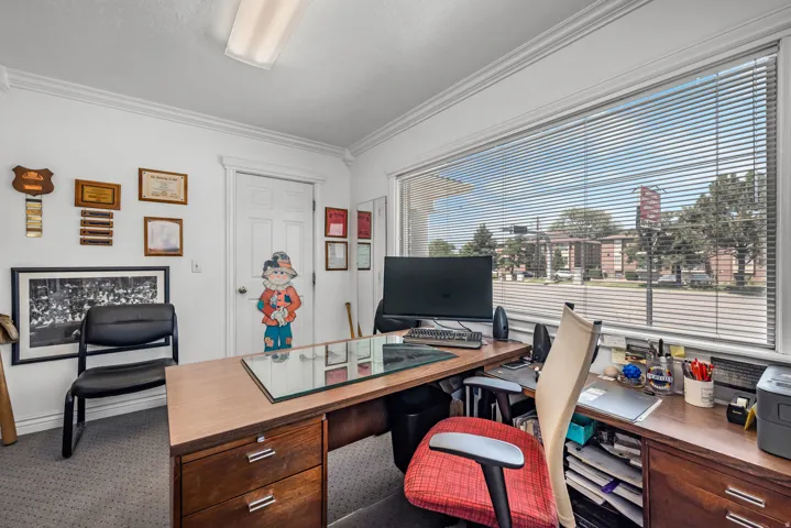 Office space featuring a large window with horizontal blinds, wood-finish desk with storage drawers, overhead fluorescent lighting, crown molding, and neutral wall-to-wall carpeting