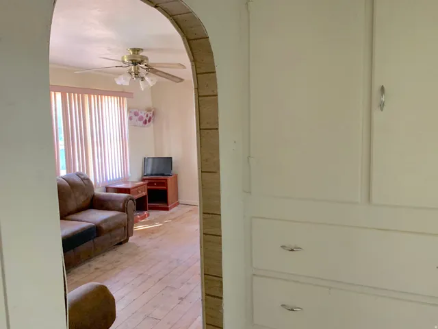 Arched entryway leading to a living area with wood-finish flooring, vertical blinds, and a ceiling fan with light fixture