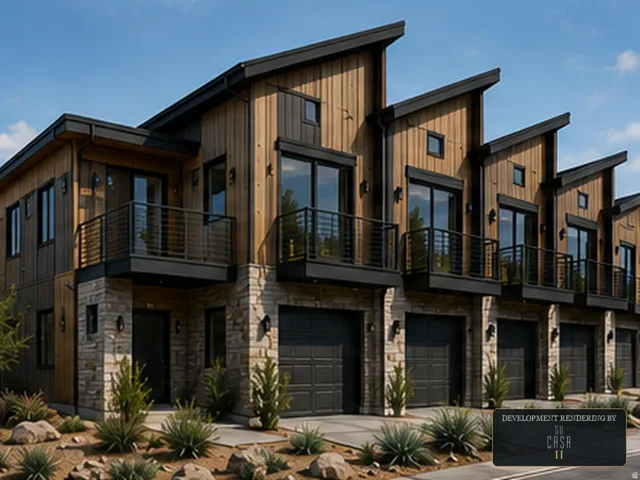 Modern townhome exterior featuring an asymmetrical roofline, natural wood siding, and stone accents (renderings only)