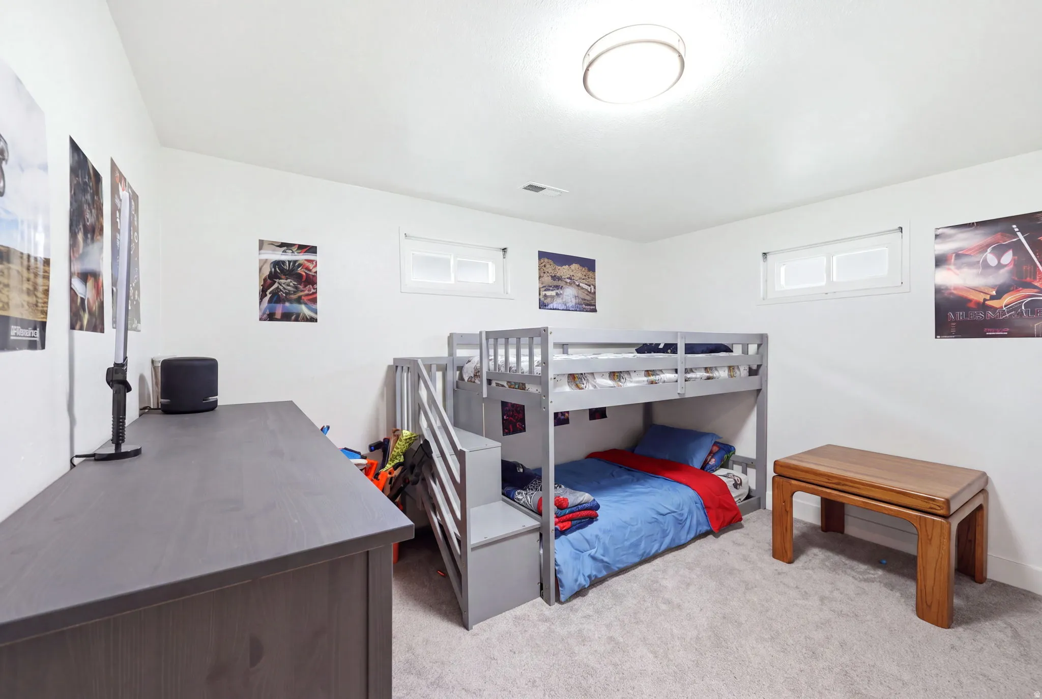 Carpeted room featuring a white ceiling and walls, an overhead flush-mount light fixture, and two horizontal windows