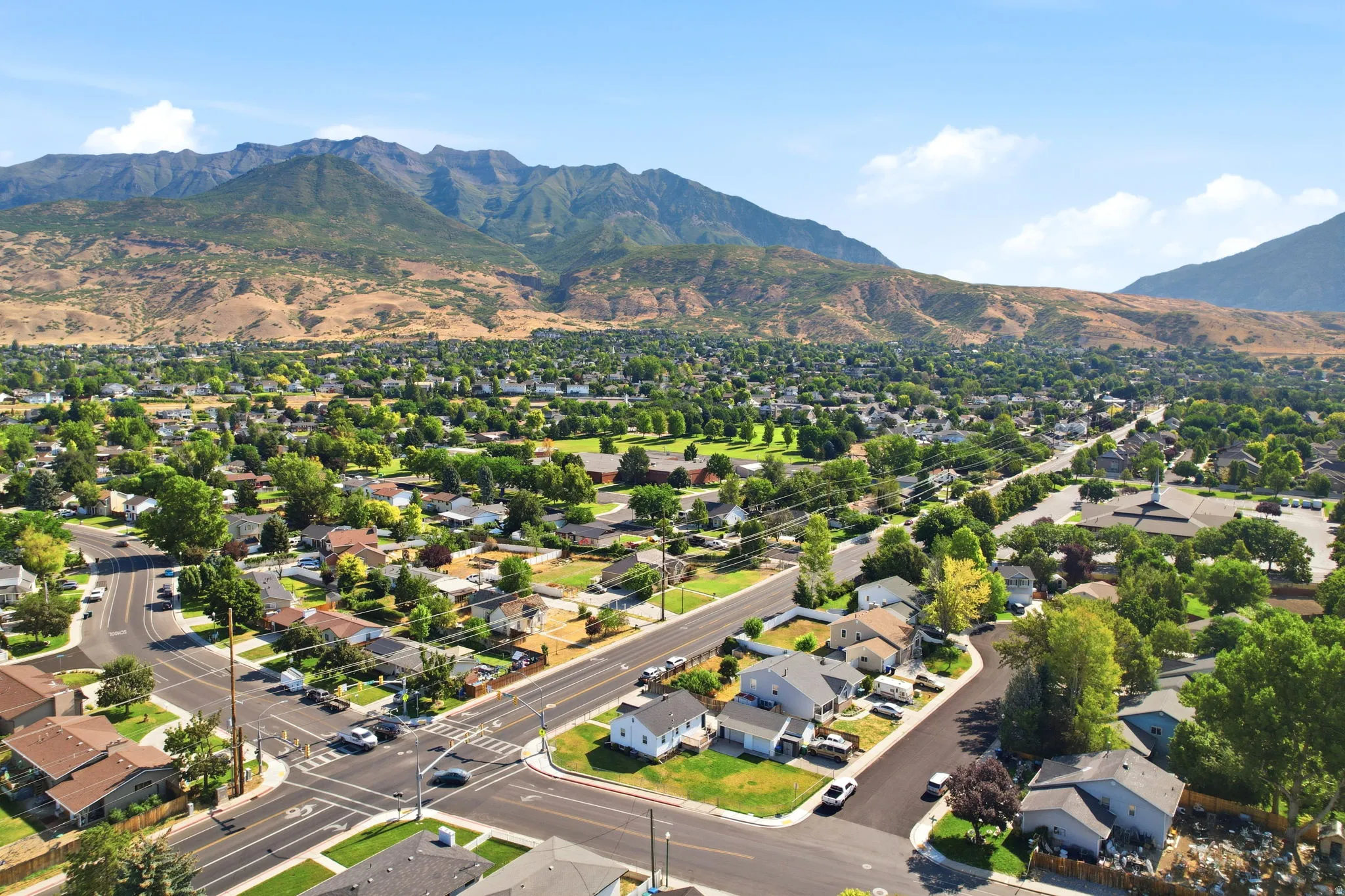 Expansive neighborhood with mature trees, established residential streets, and a prominent mountain backdrop