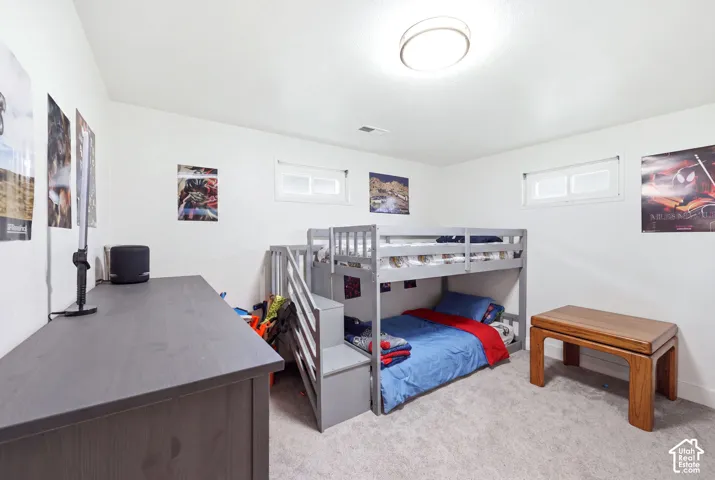 Carpeted room featuring a white ceiling and walls, an overhead flush-mount light fixture, and two horizontal windows