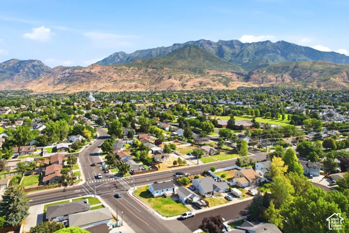 Expansive aerial perspective showcasing a residential area with varied housing styles and mature trees, set against a prominent mountain backdrop