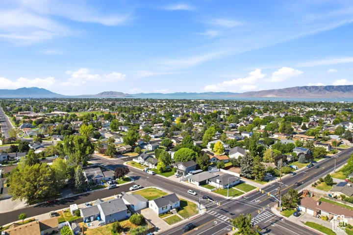 Expansive aerial perspective showcasing a residential neighborhood with tree-lined streets and established homes