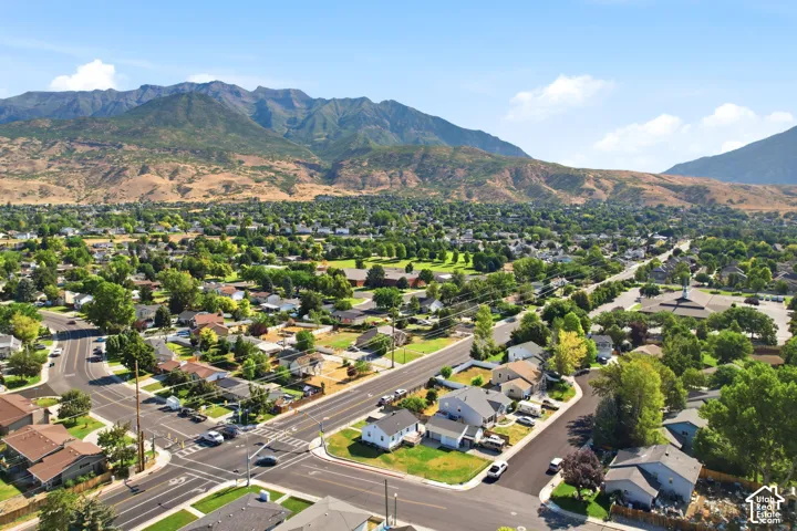 Expansive neighborhood with mature trees, established residential streets, and a prominent mountain backdrop