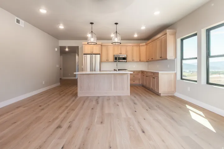 Open-concept kitchen and living area featuring wood-finish flooring