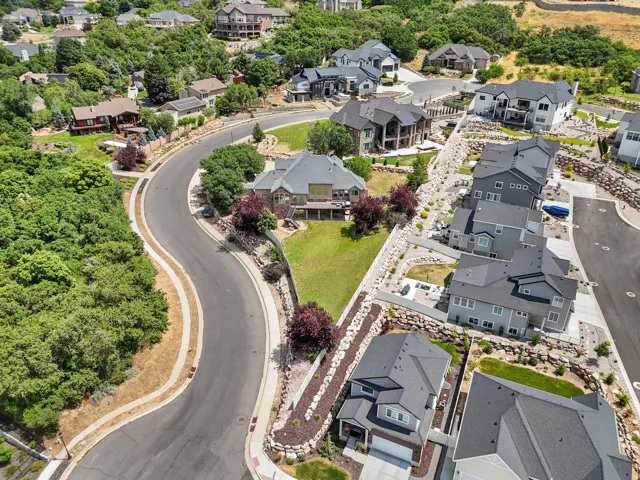 Residential street with multiple homes featuring varied architectural styles and dark-toned roofs