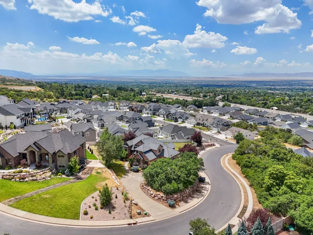 Aerial perspective showcasing a residential community with varied architectural styles