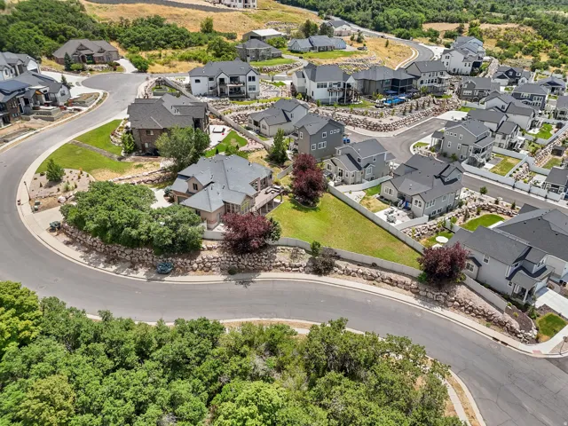 Aerial perspective showcasing a residential development with varied architectural styles