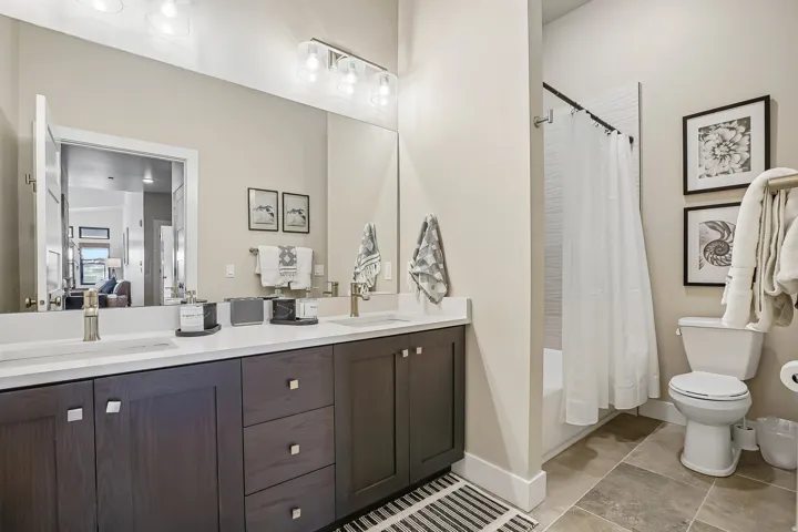 Bathroom featuring a dual vanity with white countertops, dark wood cabinetry, and brushed nickel hardware