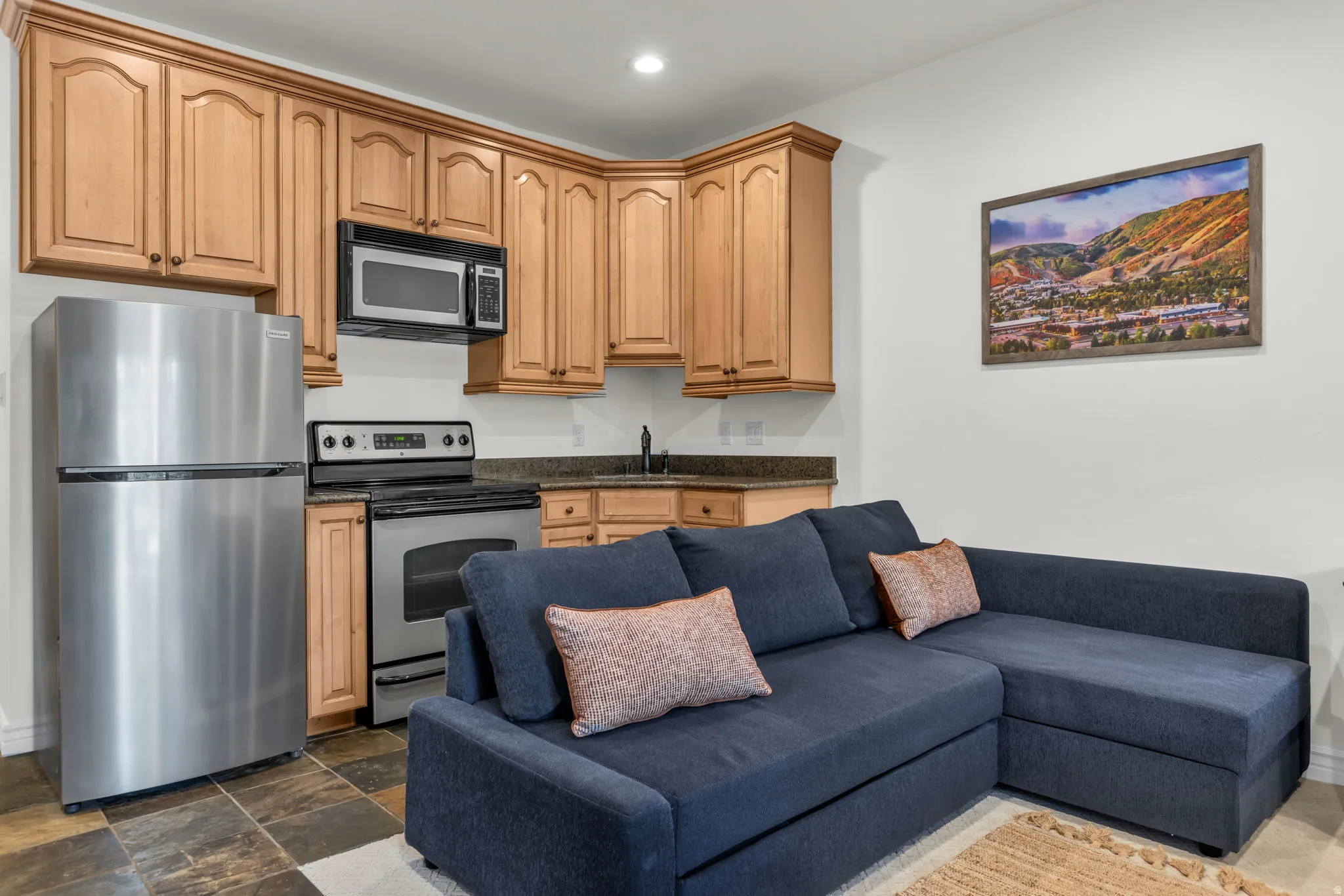 Compact kitchenette featuring wood cabinetry, stainless steel appliances, and a dark countertop