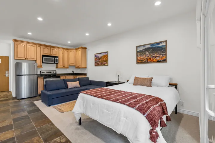 Open-concept living space with a full kitchen, featuring wood cabinetry, stainless steel appliances, and a dark countertop