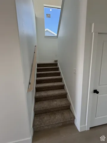 Carpeted staircase with light wood handrail, white trim, and a large upper window