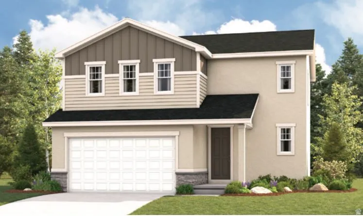 Contemporary two-story residence featuring a two-car garage, mixed exterior finishes of stucco and siding, and a dark shingle roof