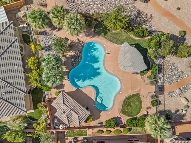 Freeform swimming pool with integrated steps, surrounded by a light-colored concrete deck