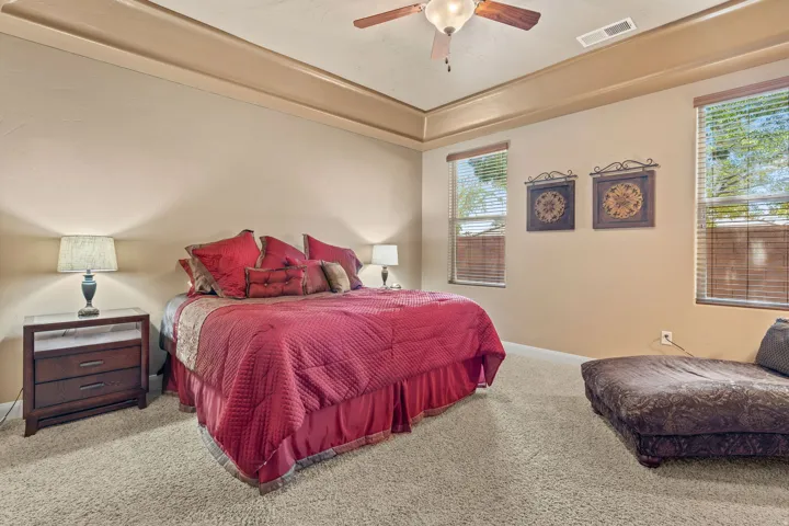 Spacious carpeted room featuring a tray ceiling with a ceiling fan and two windows with blinds