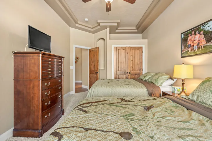 Tray ceiling featuring crown molding, neutral wall color, carpet flooring, and paneled wood doors