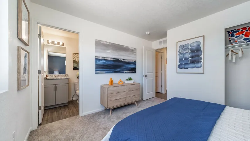 Carpeted bedroom with a built-in closet and white painted walls