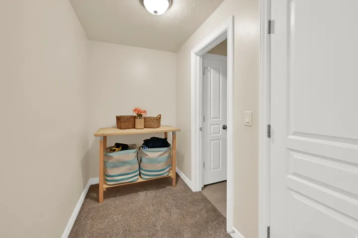 Carpeted hallway featuring warm neutral wall tones and white trim