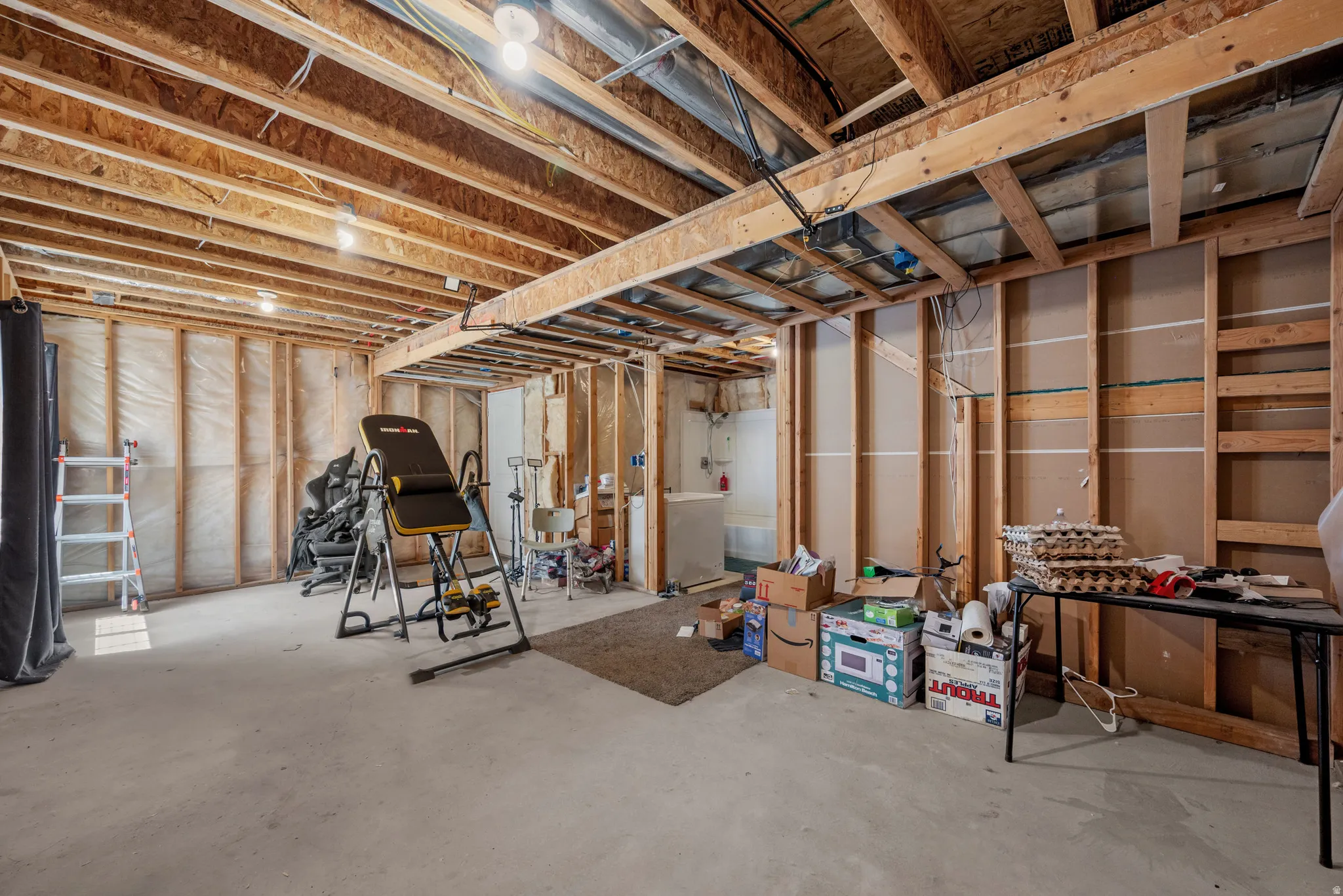 Unfinished lower level featuring exposed wood framing, concrete flooring, and visible electrical wiring