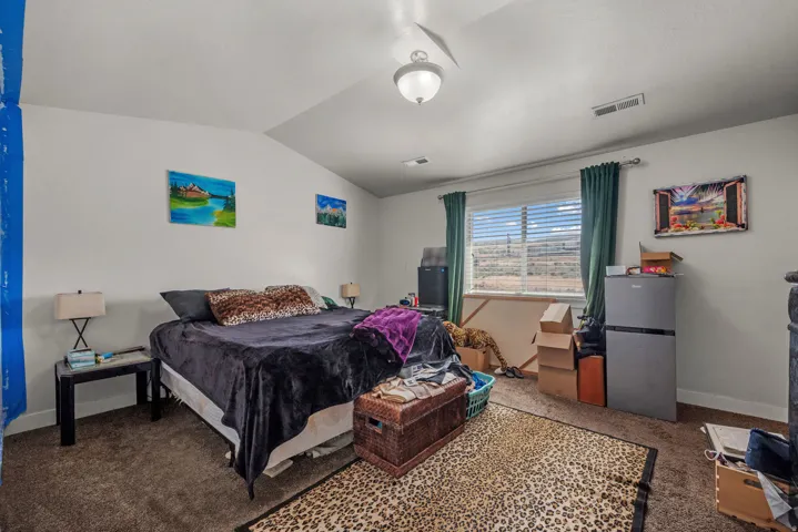 Spacious bedroom featuring vaulted ceilings, a ceiling fan, and a large window with blinds