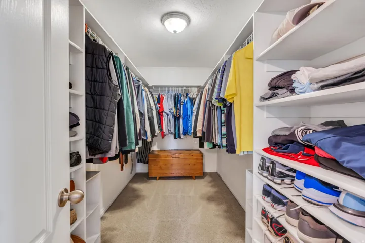 Walk-in closet featuring built-in shelving, hanging rods, carpet flooring, and a flush mount ceiling light