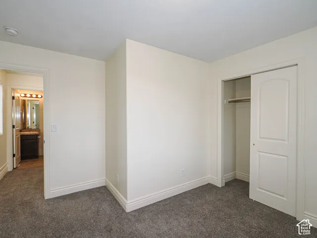 Neutral wall color, carpet flooring, a built-in closet with sliding panel doors, and trim molding