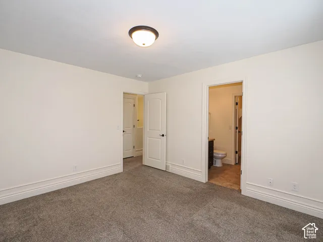 Plush carpet flooring, white painted walls, and decorative wall trim