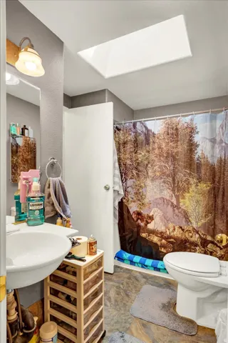 Bathroom featuring a skylight, wall-mounted light fixture, and a toilet