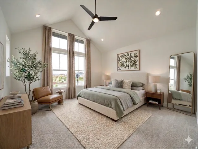 Vaulted ceiling with recessed lighting and a black ceiling fan