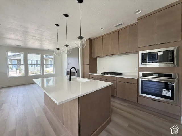 Kitchen featuring a central island with an undermount sink, quartz countertops, wood-finish cabinetry, stainless steel built-in appliances, and wood-finish flooring