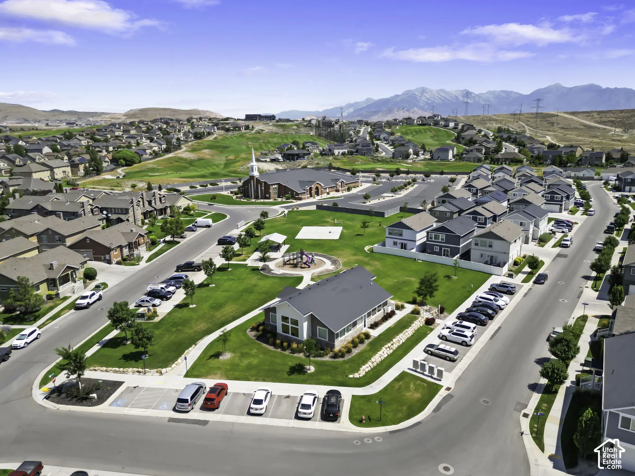 Aerial perspective showcasing a residential community with varied architectural styles