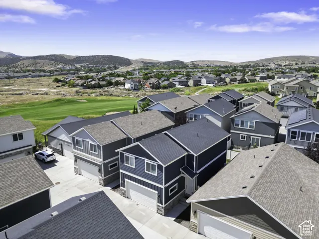 Aerial perspective showcasing a residential community with varied architectural styles