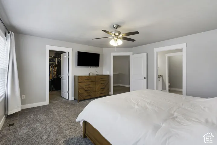 Spacious primary bedroom featuring a wood-finish dresser, ceiling fan with integrated lighting, and multiple closet access points