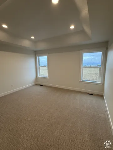 Tray ceiling featuring recessed lighting and wall-to-wall carpeting
